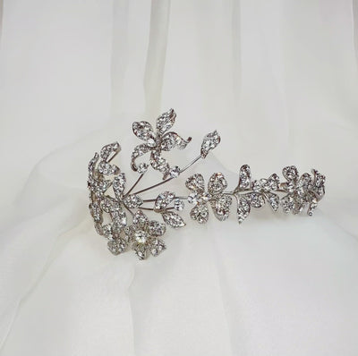 asymmetrical silver bridal headband with sparkling crystalized floral details