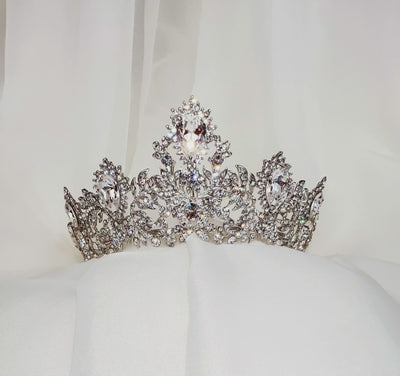 sparkling bridal crown with silver leaf detailing and large crystal peaks