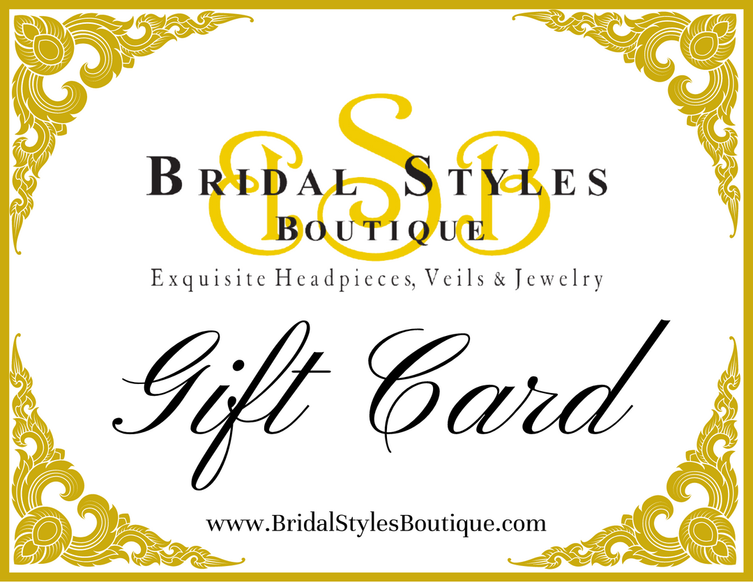 A Bridal Styles Boutique Gift Card with ornate gold corners and Exquisite Headpieces, Veils & Jewelry text. Explore stunning Swarovski hair combs. The stores website is displayed at the bottom.