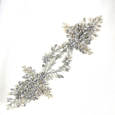 silver loop bridal hair vine with crystal and pearl branches and flower details