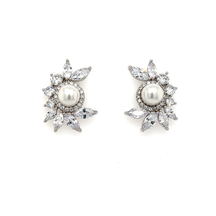 Elevate your bridal look with the Half Moon CZ Bridal Stud Earrings (style no. E193), featuring a central white pearl and a cluster of marquise and round-cut AAA cubic zirconia in a floral silver setting.