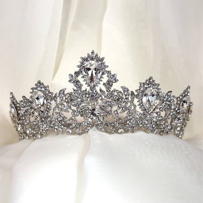 bridal tiara with silver leaf detailing and large crystal peaks