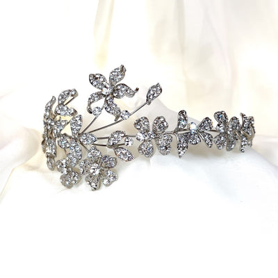 asymmetrical silver bridal headband with crystalized floral details