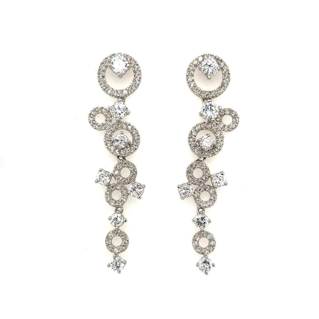 Unique Wedding Earrings style no. E191: Long, dangling earrings with interlocking circles and sparkling cubic zirconia in an elegant, cascading design, shown on a white background.