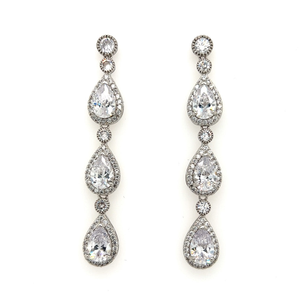 Elegant Triple Drop CZ Wedding Earrings (style no. E170) feature a cascading design of three large teardrop-shaped clear gemstones on each earring.