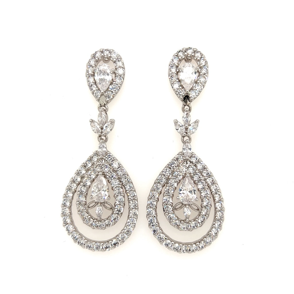 The Halo Tear Drop Wedding Earrings (style no. E154) feature elegant teardrop-shaped designs encrusted with sparkling gemstones, making them perfect CZ bridal earrings that add brilliance and sophistication to your jewelry collection.