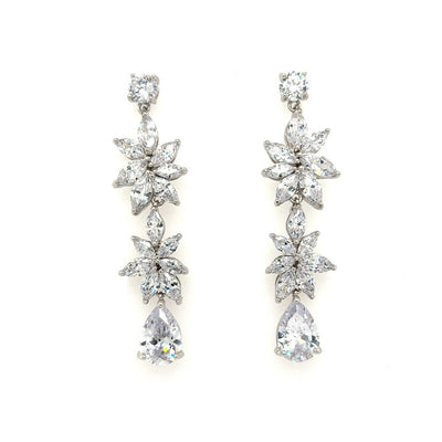 bridal dangle wedding earrings with double floral cubic zirconia clusters