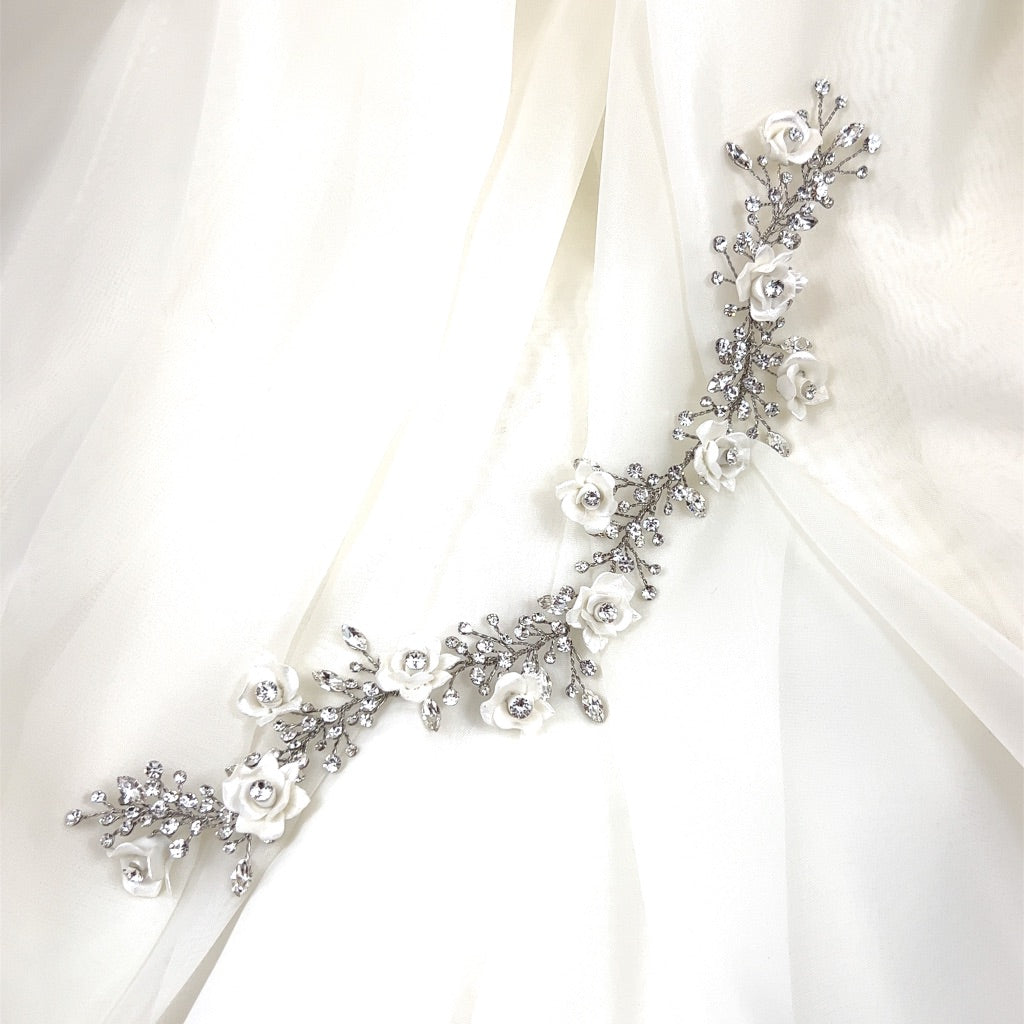 crystal bridal hair vine with white porcelain flower details