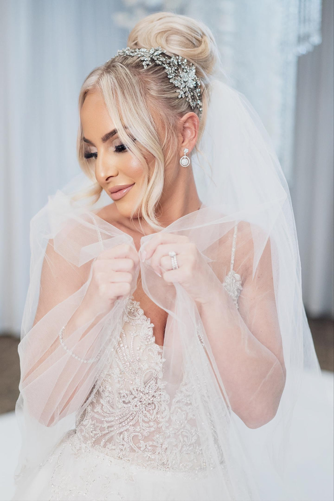 Gabby in a Flower Crystal Halo Headpiece | Bridal Styles Brides