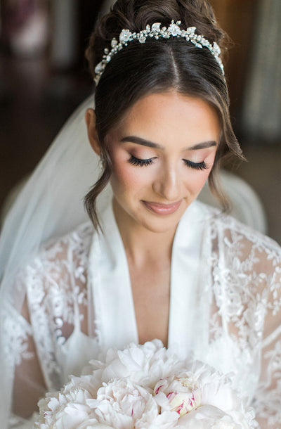 Kara in a Custom Bride Headpiece, Cathedral Veil, + Earrings | Bridal Styles Brides