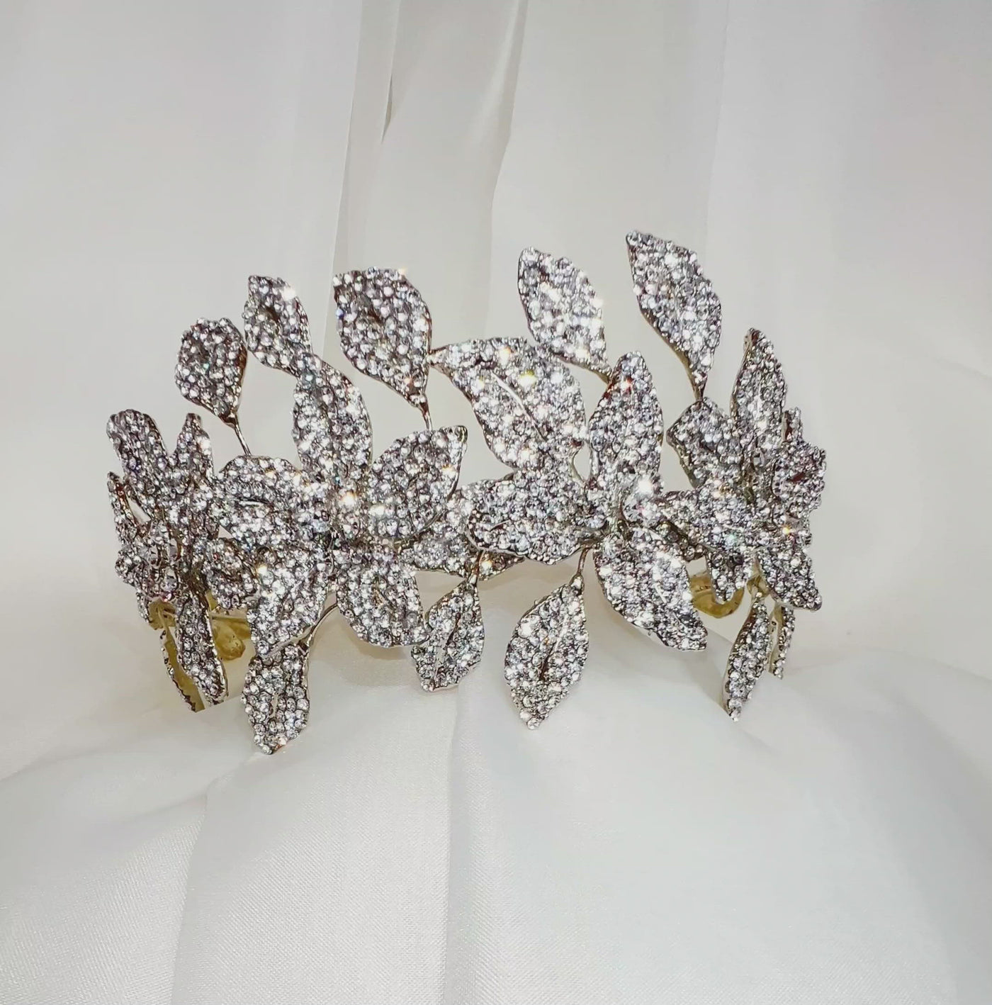 silver bridal headband with crystalized flowers and sparkling leaves