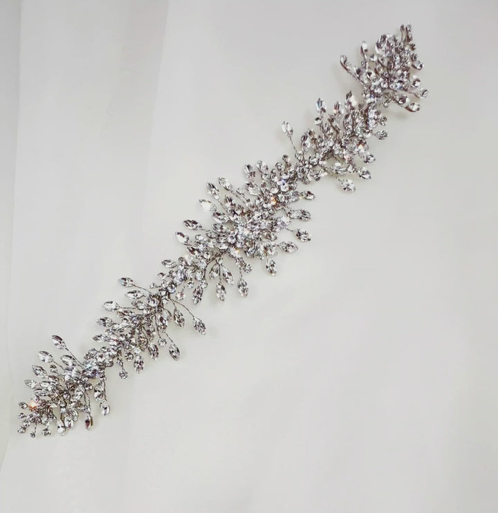 silver bridal hair vine with short sprigs of sparkling teardrop crystals