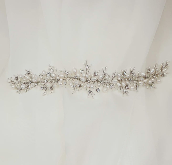 pearl bridal hair vine with silver sprigs of crystal and small pearls
