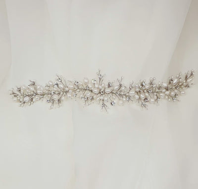 pearl bridal hair vine with silver sprigs of crystal and small pearls