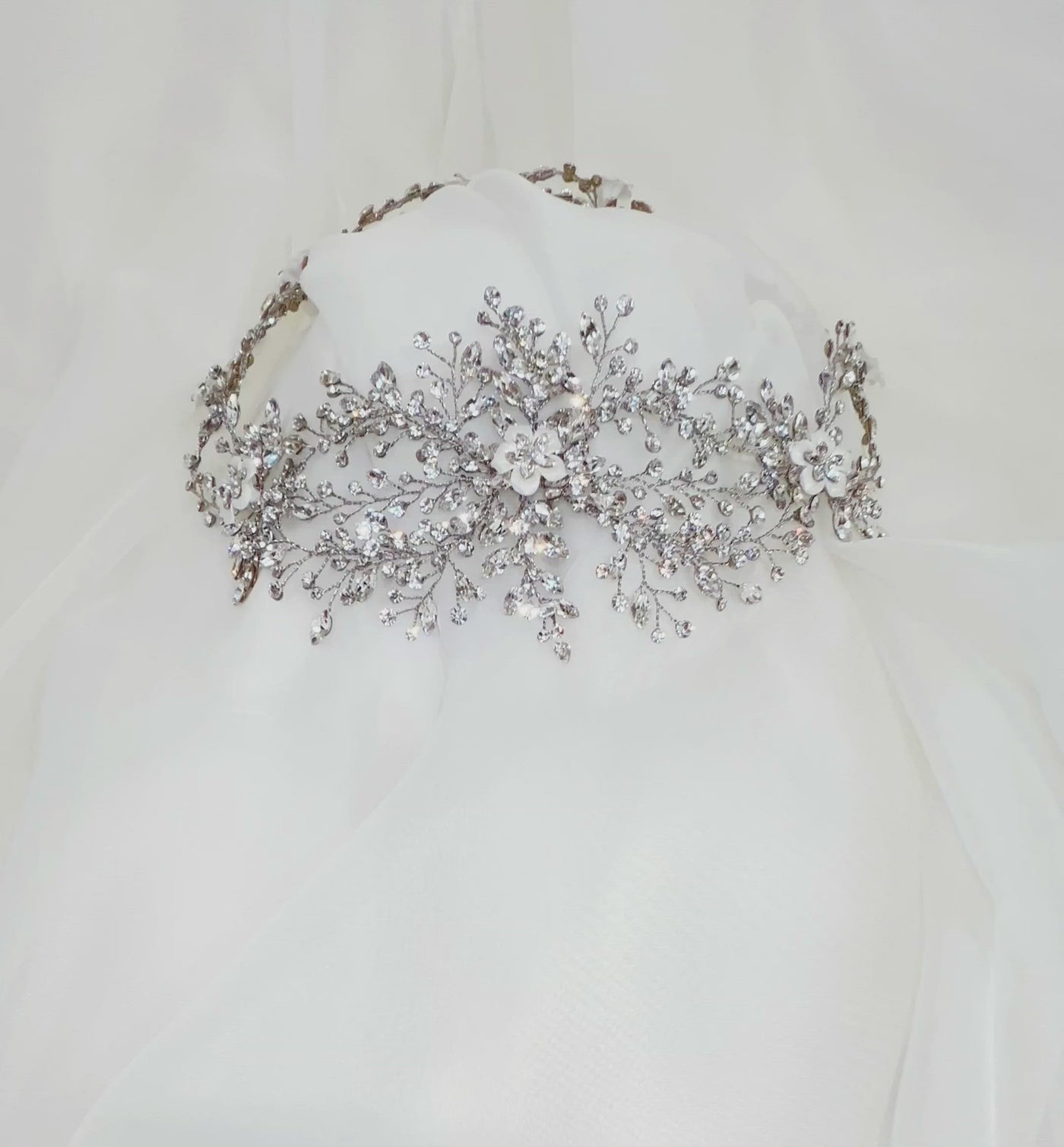 looping bridal crystal halo with porcelain flower detailing