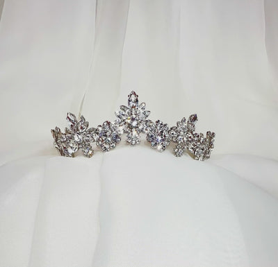 curved silver bridal tiara of sparkling floral crystal clusters