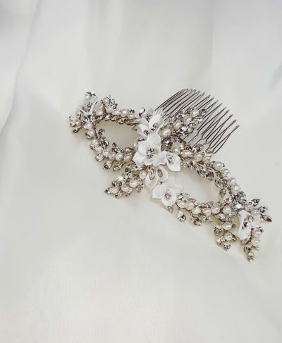 swirling double loop crystal bridal hair vine with pearl and porcelain flower details