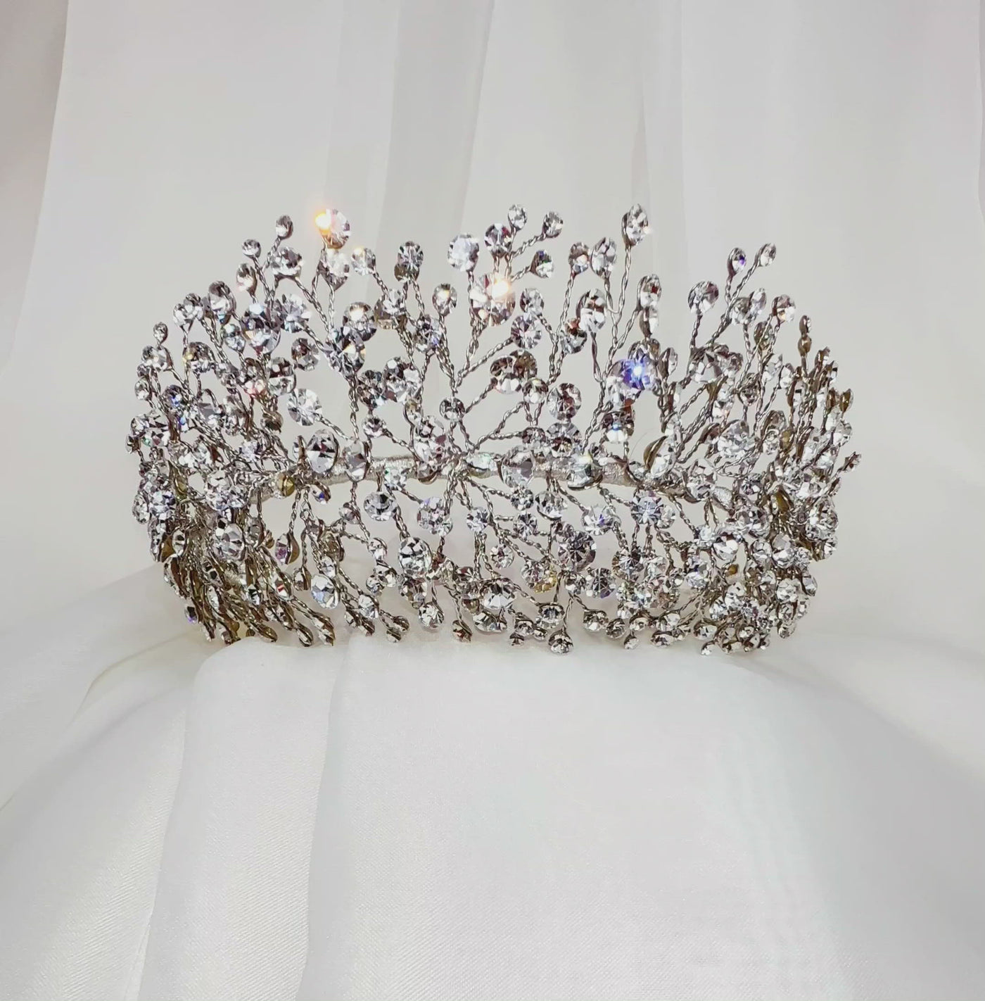 bridal headband with silver sprigs of various sparkling crystals