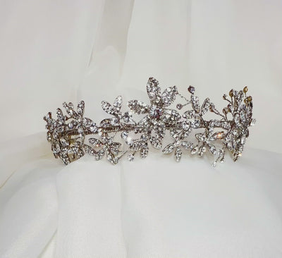 bridal headband with silver crystalized flowers and crystal sprig details