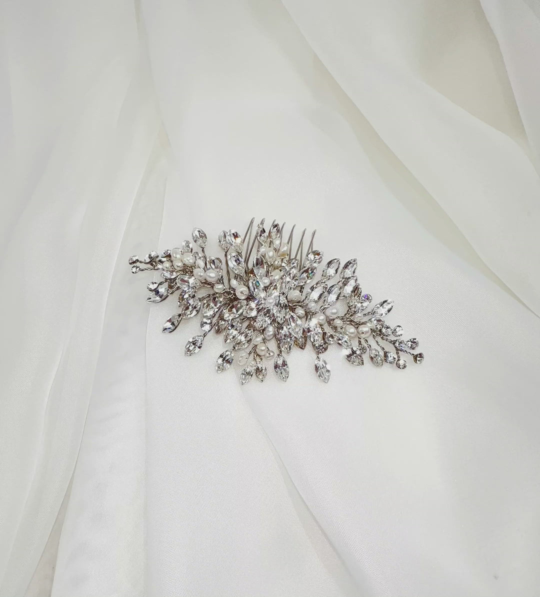 thin crystal bridal hair comb with pearl detailing