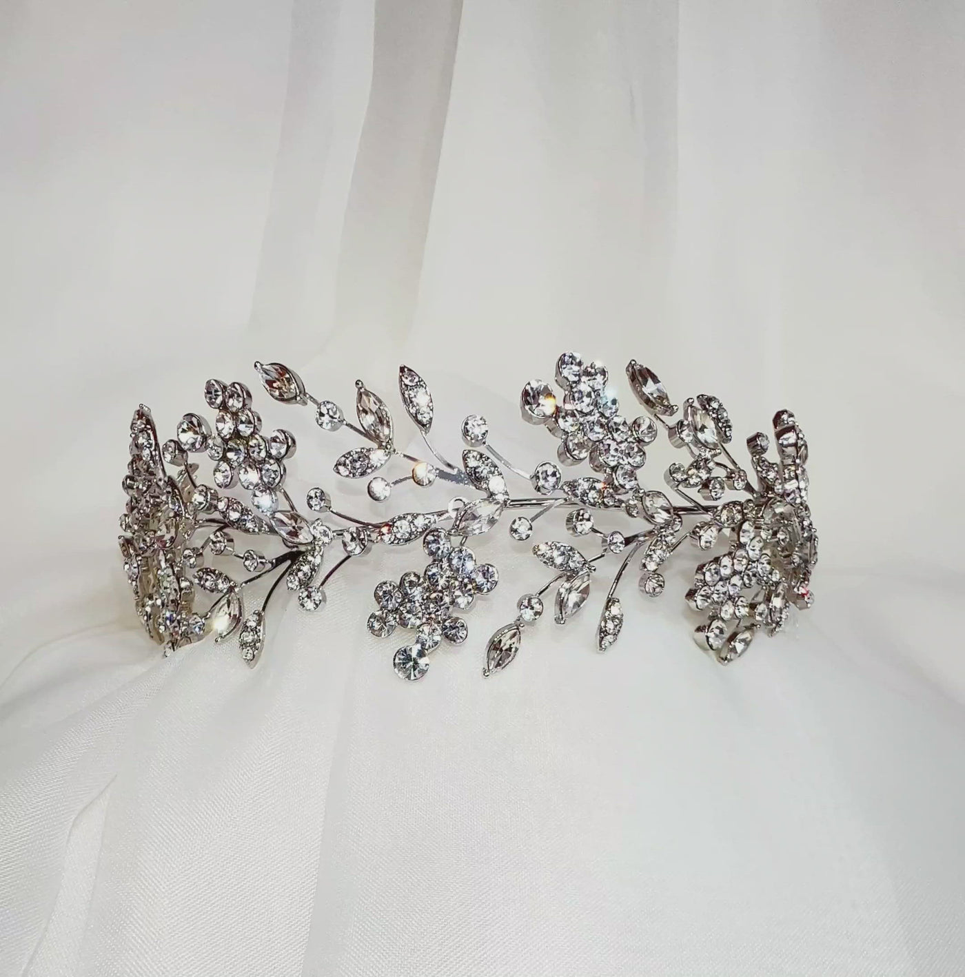 silver bridal headband with sparkling crystal leaves and clusters