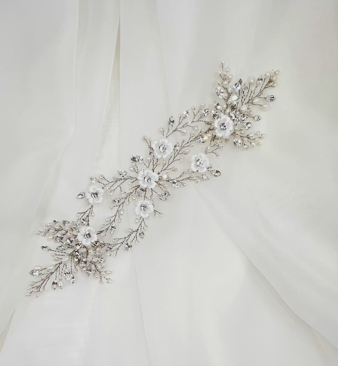 thin looping crystal hair vine with pearl detailing and porcelain flowers