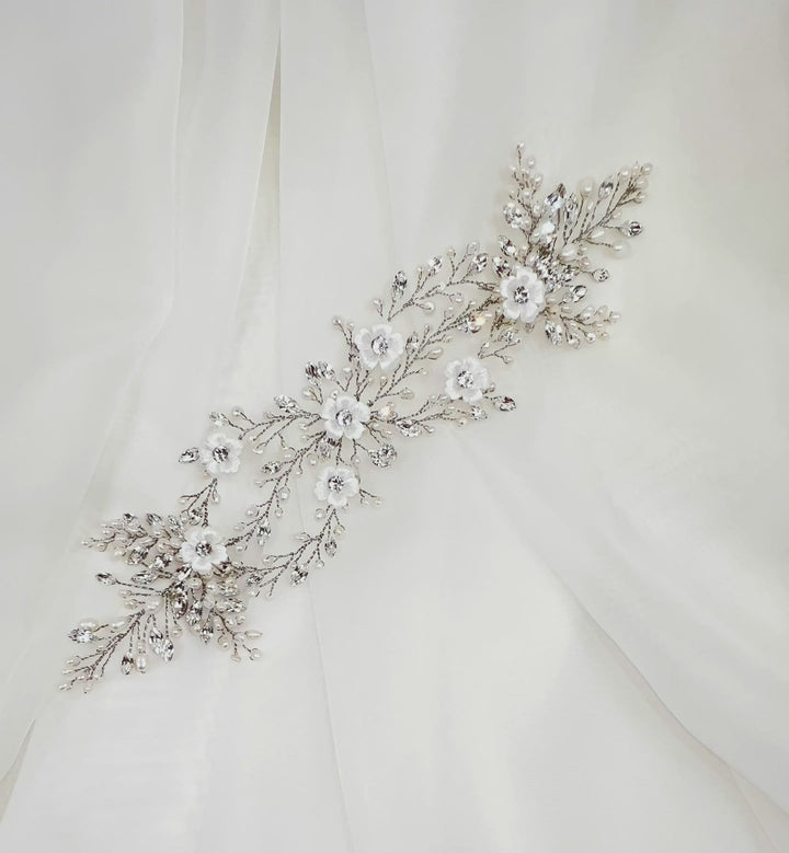 thin looping crystal hair vine with pearl detailing and porcelain flowers