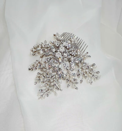 floral silver bridal hair comb with long sprays of sparkling crystals and pearls