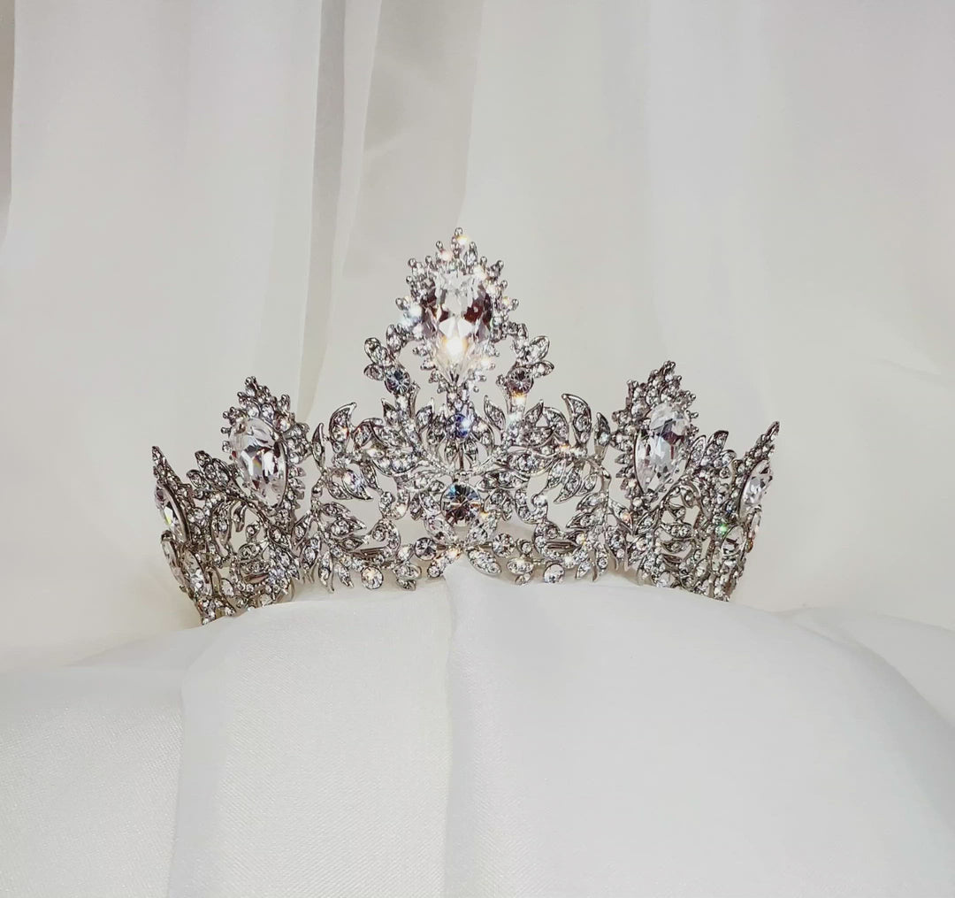 sparkling bridal crown with silver leaf detailing and large crystal peaks