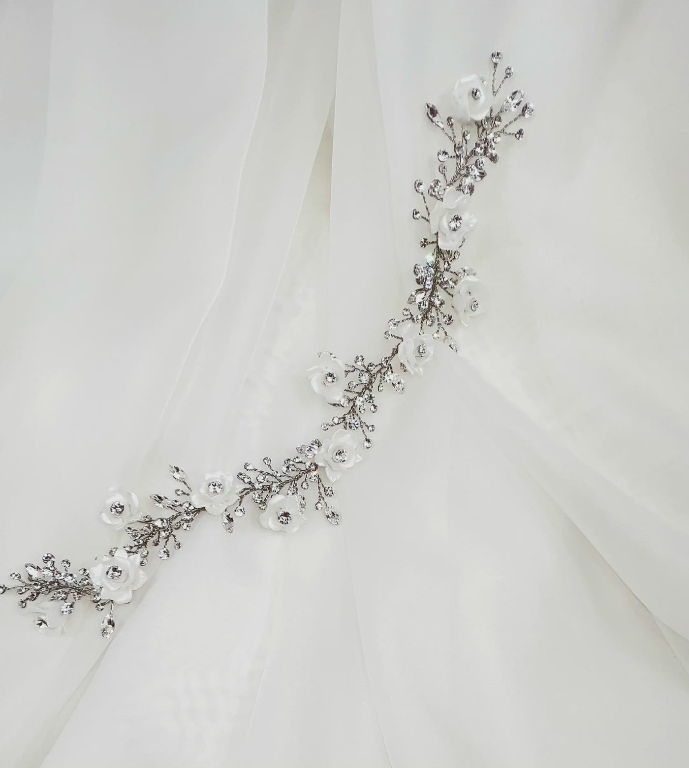 silver crystal bridal hair vine with porcelain flower details