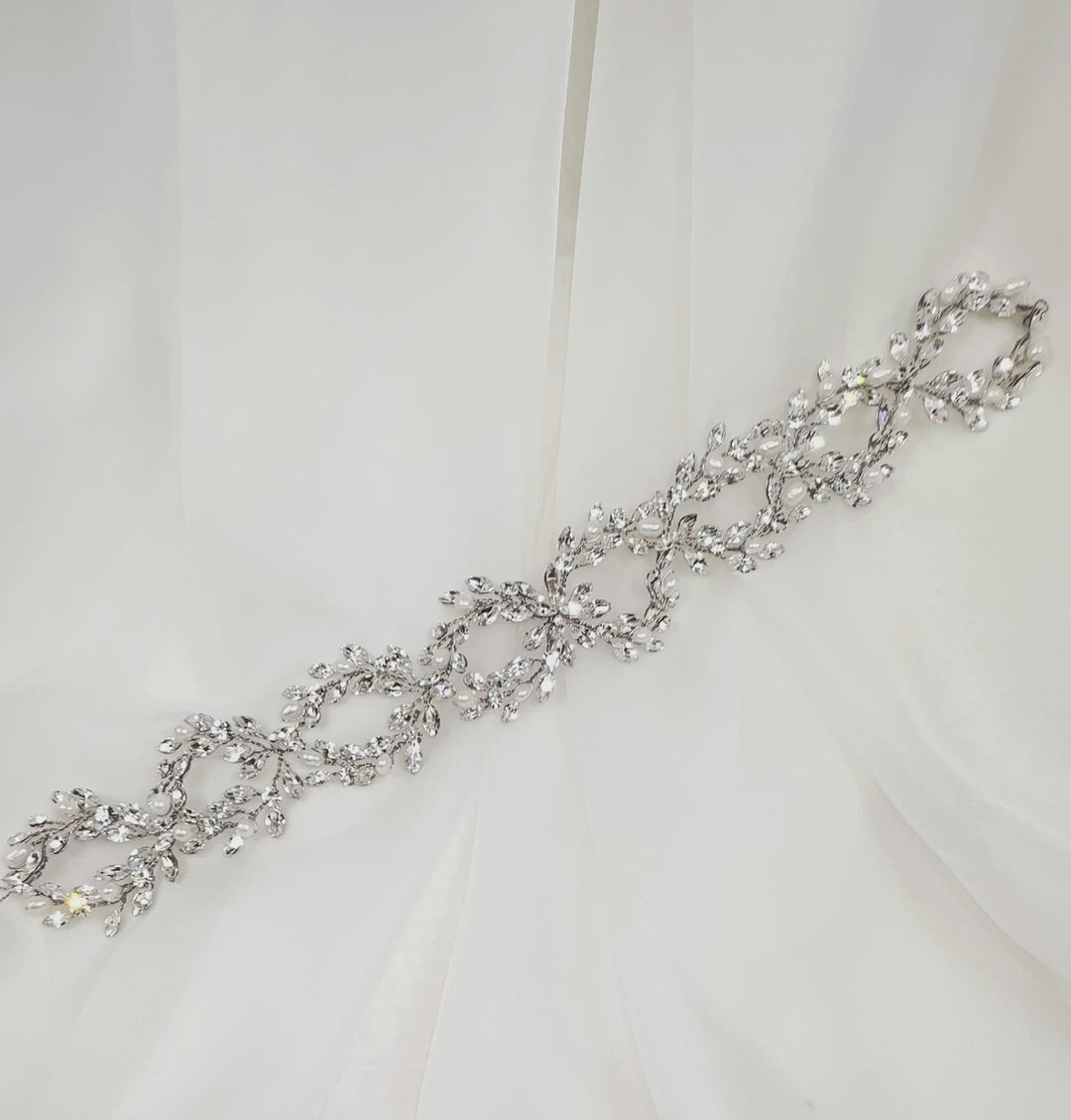 looping bridal hair vine with sparkling crystals and pearls