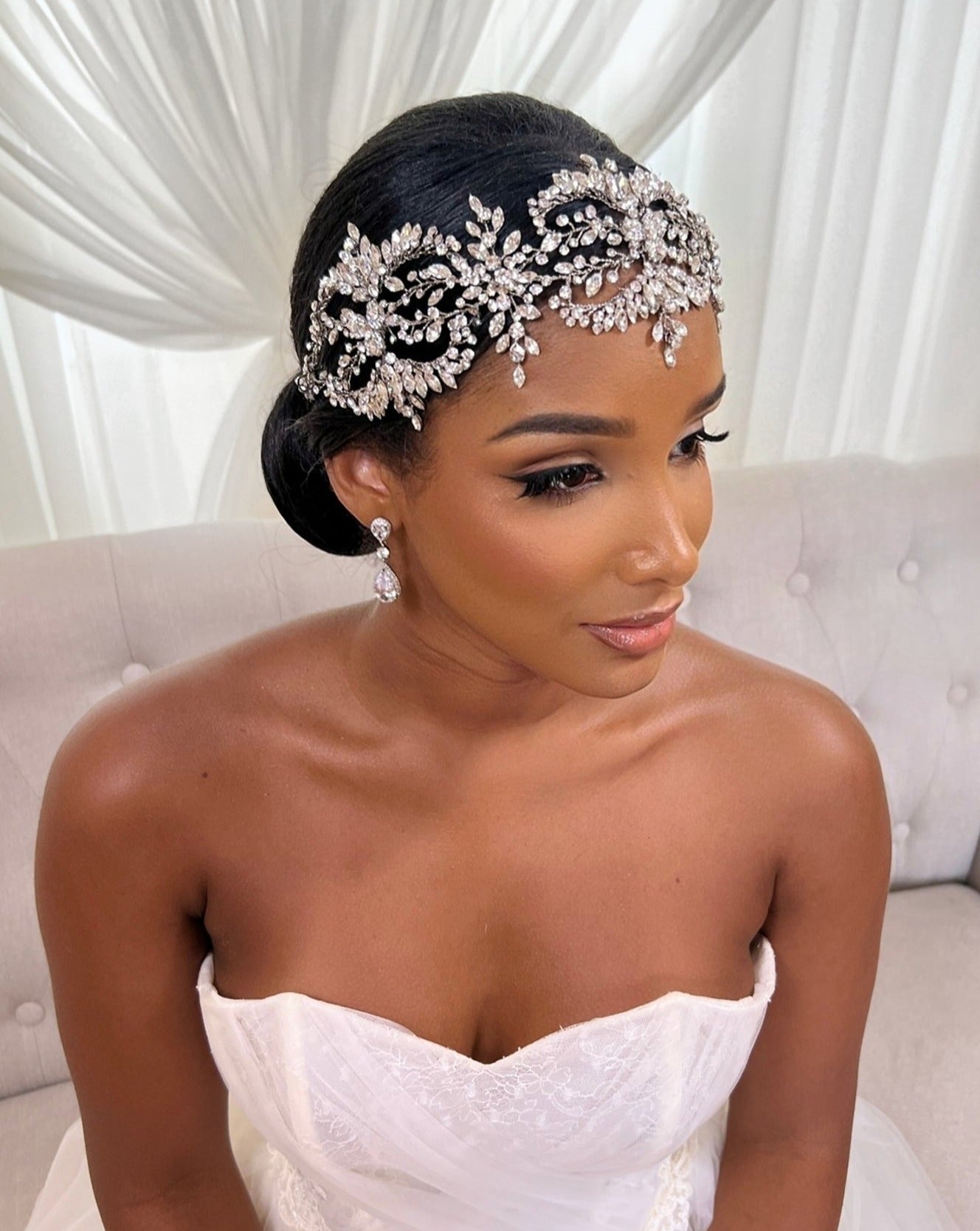 wide bridal hair vine with crystal sprigs on female model