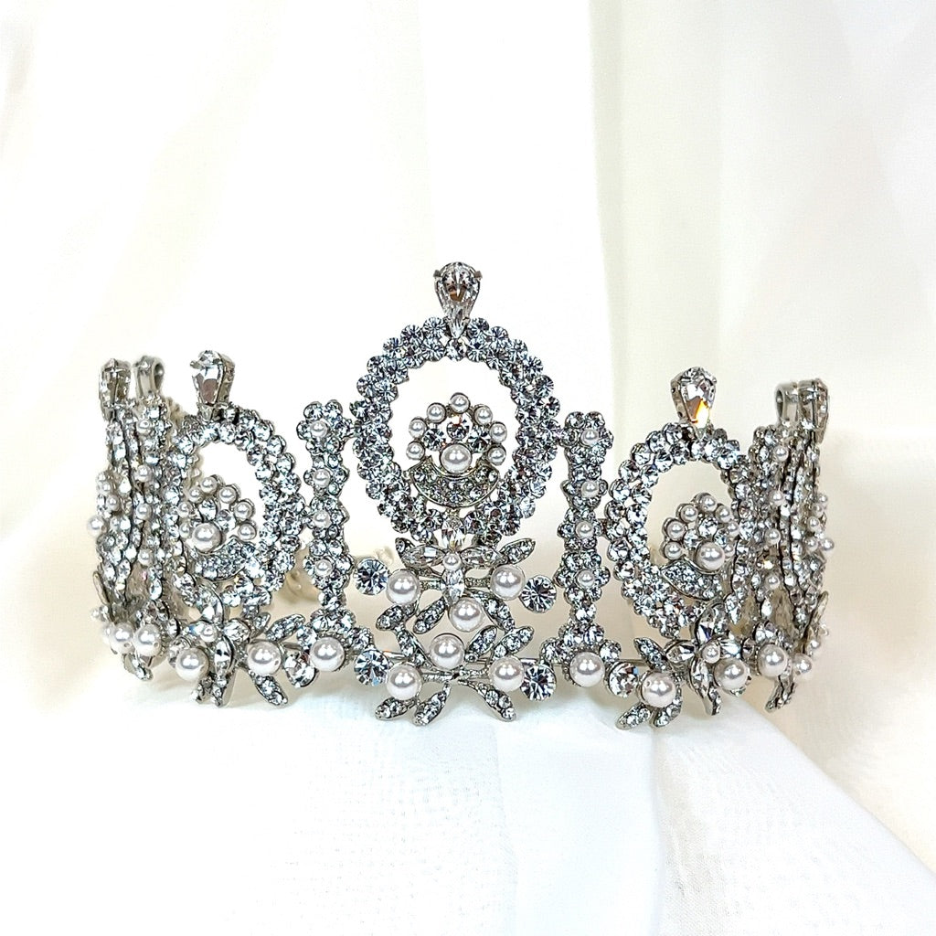 silver bridal crown with crystal halos and pearl detailing