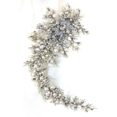 silver bridal hair vine with varying pearls and crystals