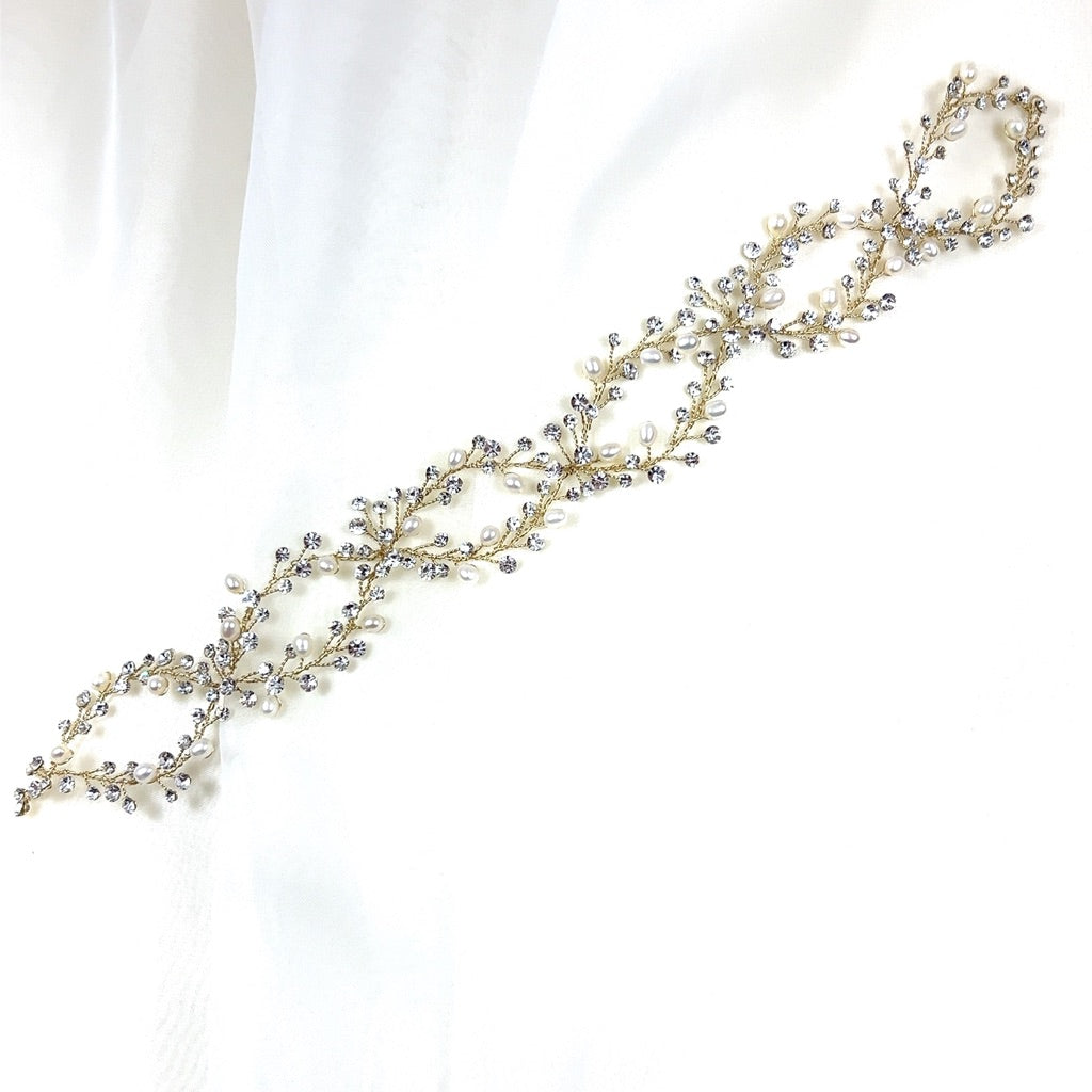 gold looping bridal hair vine with small crystal and pearl sprigs
