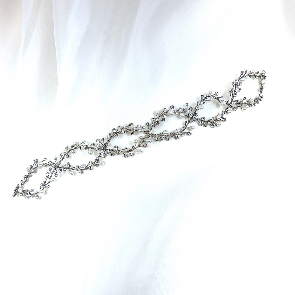 silver looping bridal hair vine with small crystal and pearl sprigs