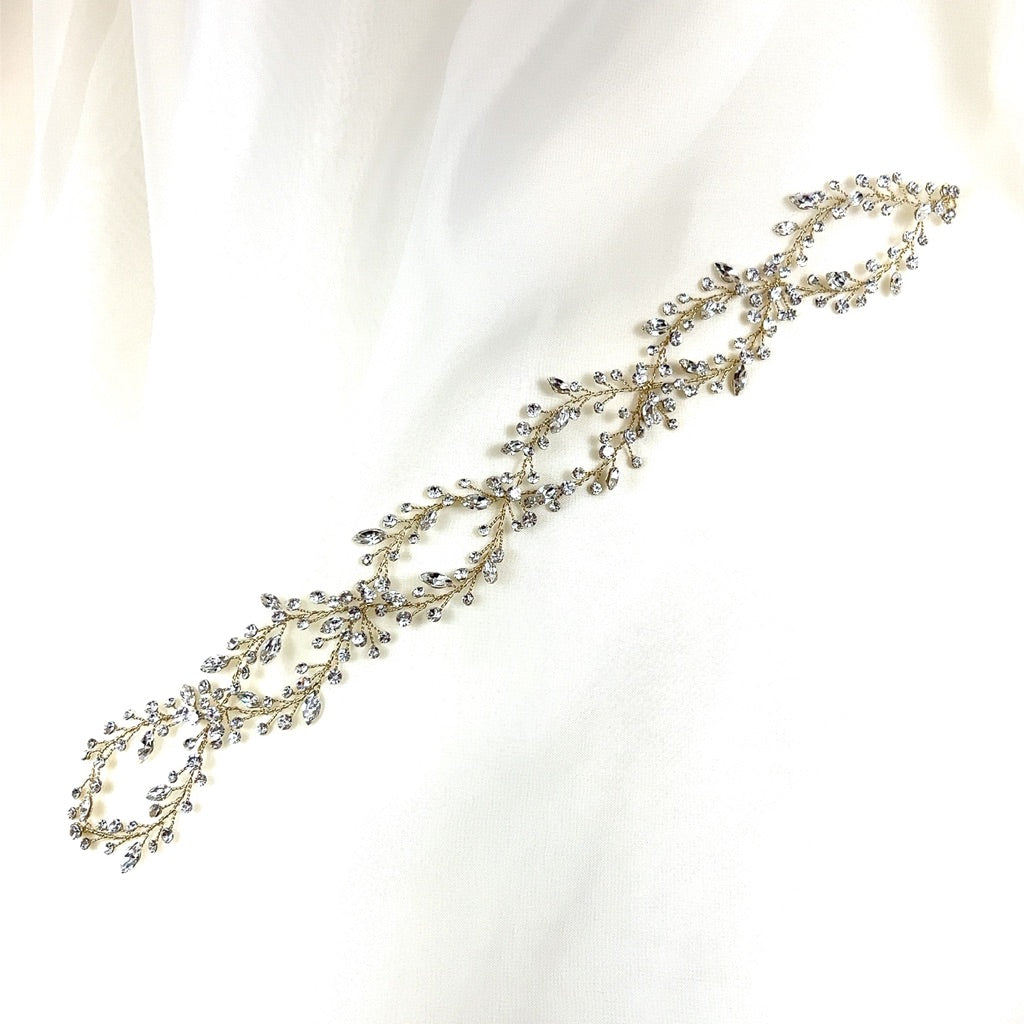gold looping bridal hair vine with small crystal sprigs