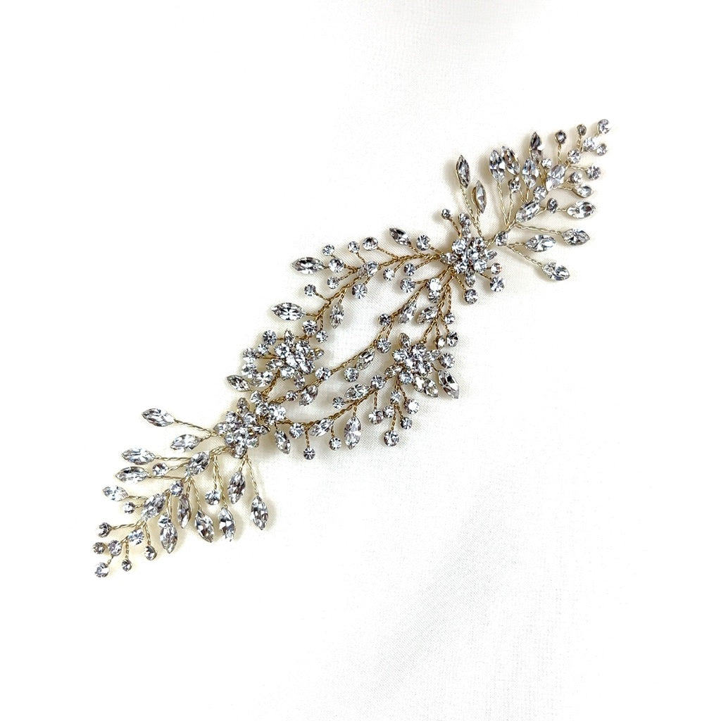 short gold loop bridal hair vine with small crystal sprigs and flower details