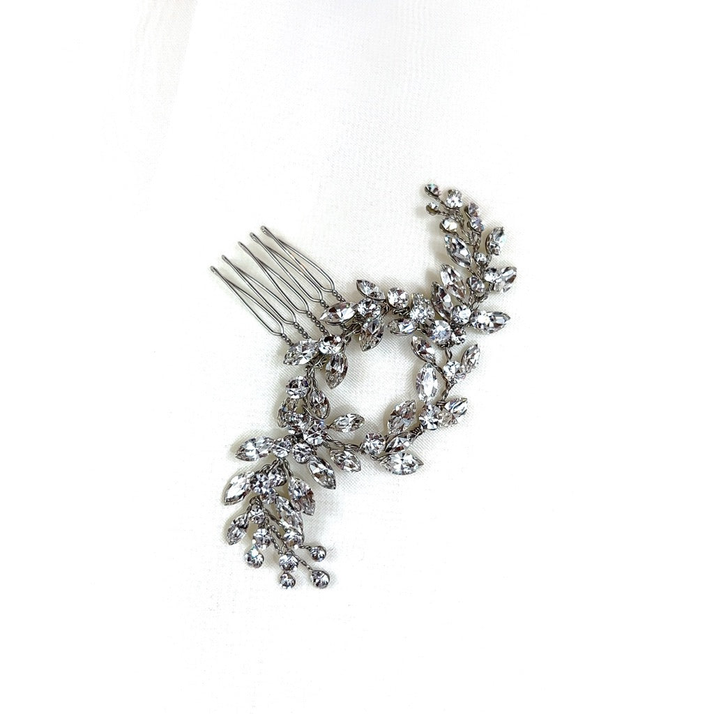 small circle bridal hair comb with silver crystal branches