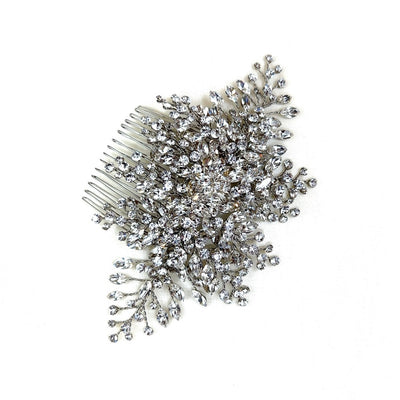 silver bridal hair comb with various sprigs of round crystals