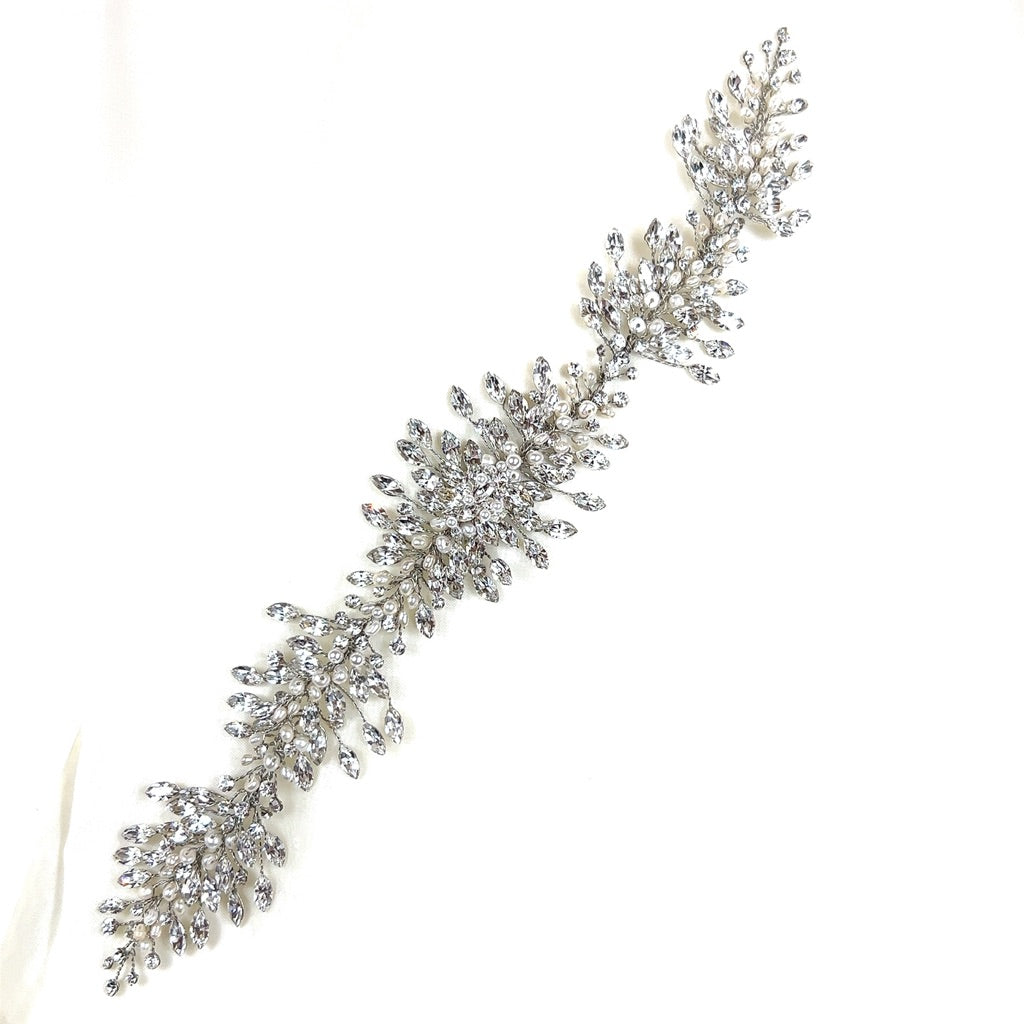 silver bridal hair vine with short sprigs of teardrop crystals and pearl detailing