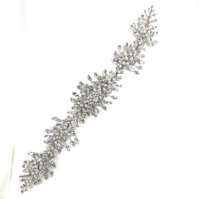 silver bridal hair vine with short sprigs of teardrop crystals and pearl detailing