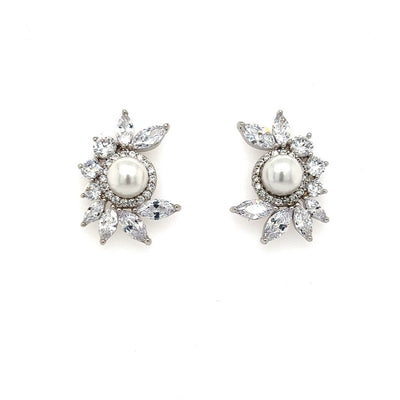 pearl stud earrings with cubic zirconia halos and oval cut spirals