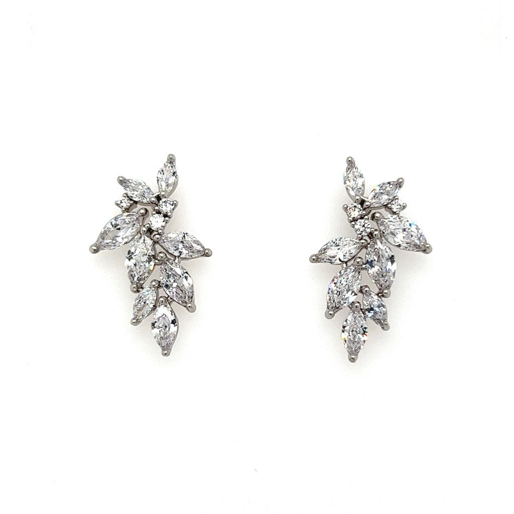 cubic zirconia bridal cluster earrings with small oval cut stones and silver detailing