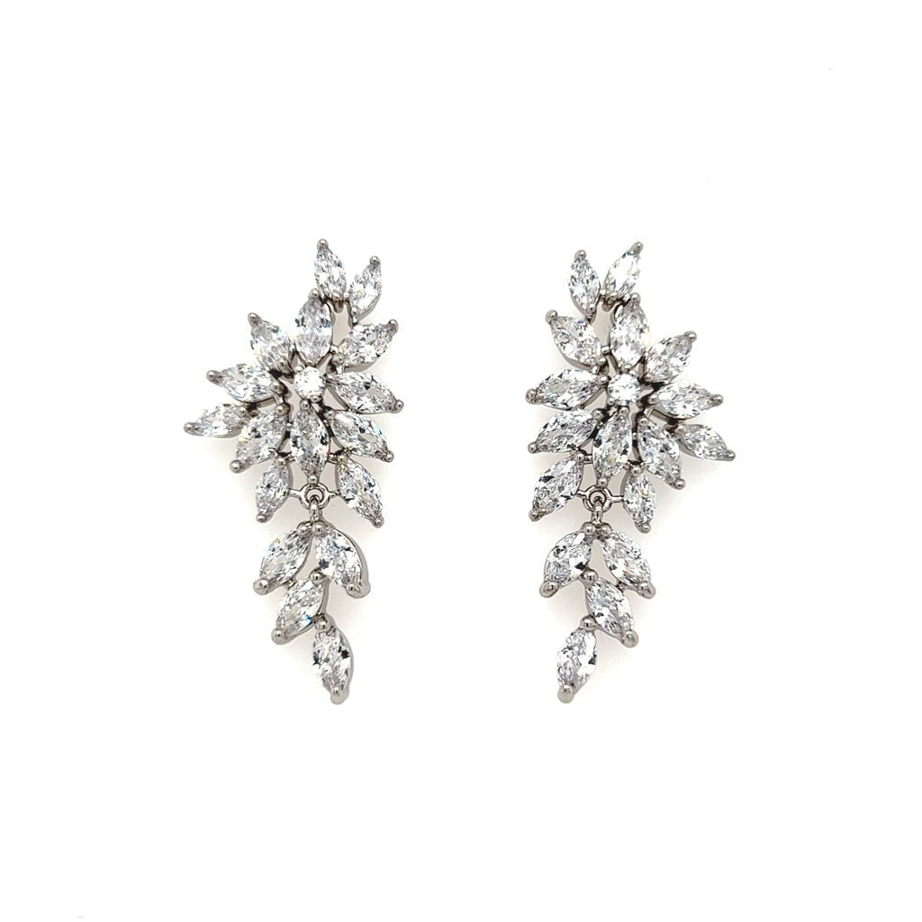 bridal dangle earrings with floral cubic zirconia cluster and silver leafy detailing