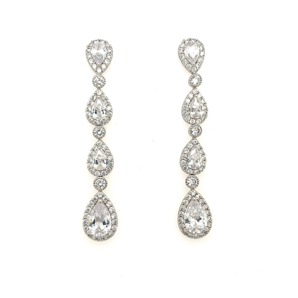 long bridal dangle earrings with four teardrop cut cubic zirconia stones linked with small circle cut stones 
