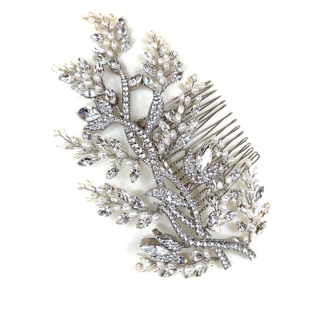 silver bridal hair comb with crystalized branches and sprigs of crystal and pearl
