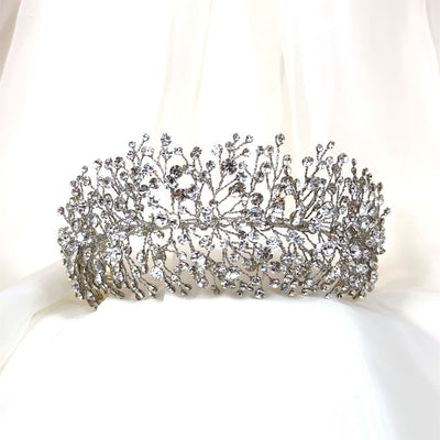 bridal headband with silver sprigs of various round crystals