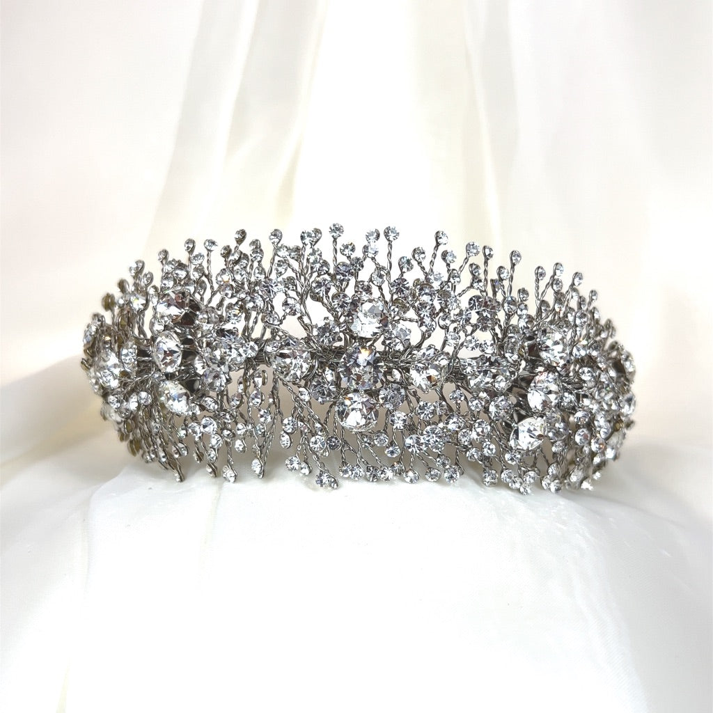 silver bridal headband with round crystals and small crystal sprigs