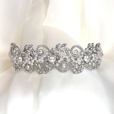 silver bridal headband with crystalized swirls and pearl cluster accents